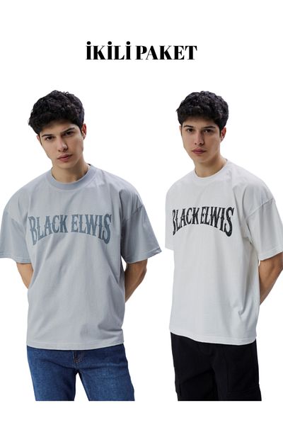 Black Elwis Double Pack Printed T-Shirt 100% Organic Cotton Crew Neck T-Shirt Thick Fabric Oversize
