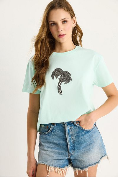Bianco Lucci Women's 100% Cotton Crew Neck Palm Stone Accessory Comfortable Fit T-Shirt 60602067