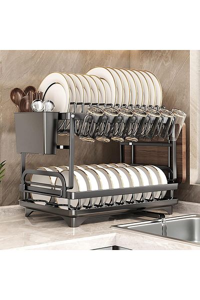COOYA Dish Drying Rack,2 Tier Stainless Steel,with Drainboard,Utensil Cup Holder,Cutting Board Holder
