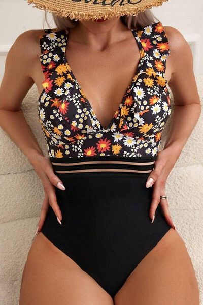BELLA NOTTE Black Floral Patterned Ruffle One Piece Swimsuit