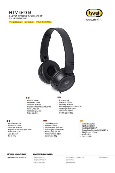 Trevi Stereo headphones with 5m long cable for TV, perfect sound insulation, volume control on the 3.5 mm jack cable