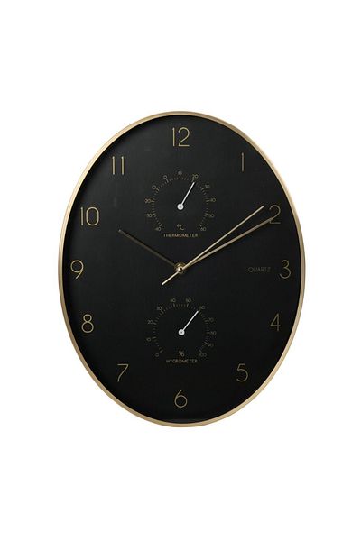 Gift Design Wall clock with weather station, 34 cm, black with gold, modern design