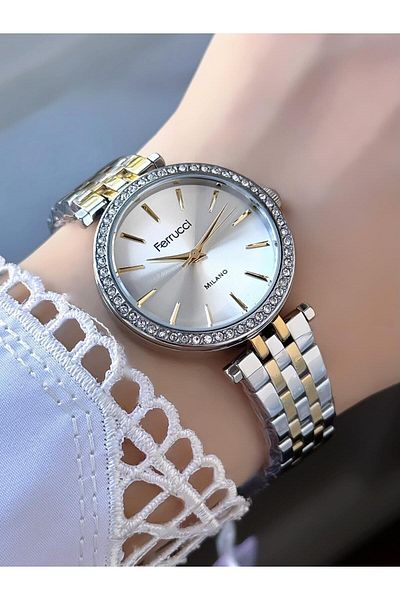 Ferrucci Milano Women's Watch – Stone Decorated Bezel, Two-Color Metal Cord