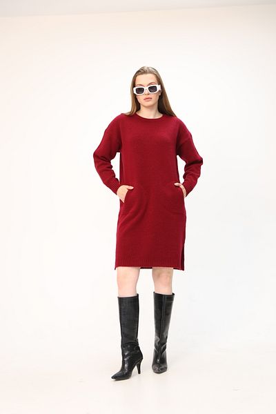 ALCHON Round Crew Neck Long Sleeve Pocket Side Slit Soft Texture Winter Knitwear Midi Length Pullover Tunic