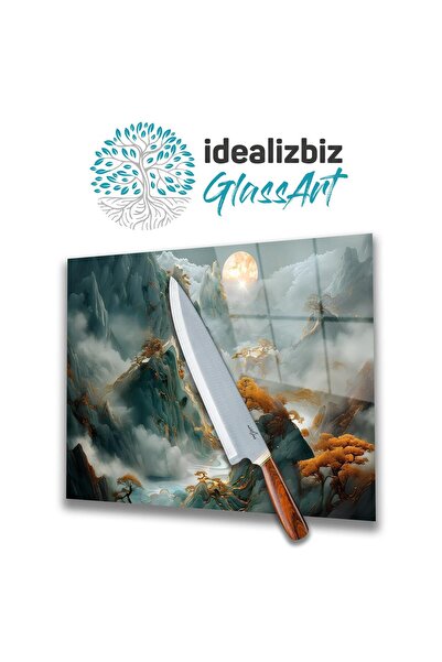 idealizbiz Glass Cutting Board Landscape Mountain and Sun, Chopping Board, Pr...
