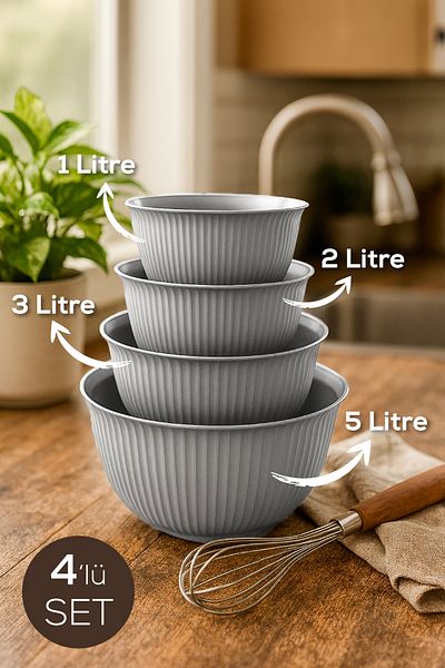 Vienev Set of 4 Mega Size Plastic Mixing and Storage Bowls |   1L, 2L, 3L, 5L Gray