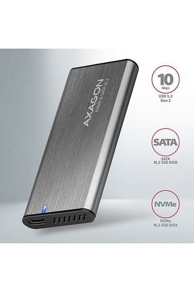 Axagon External USB-C 3.2 Gen 2 metal box for M.2 NVMe & SATA SSD disks