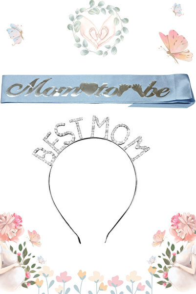 Larenya Mom To Be Kuşak Ve Best Mom Metal Taç & Baby Shower Set ve Mavi Gümüş...