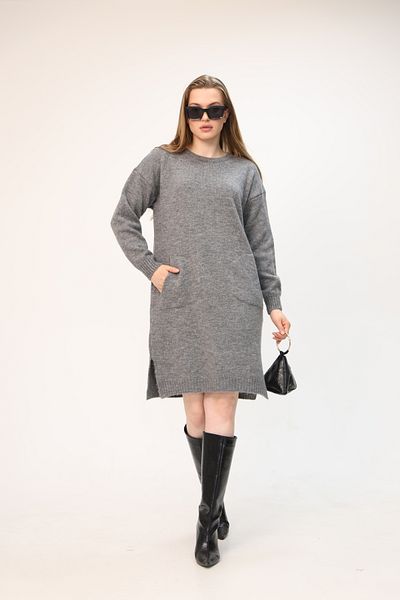 ALCHON Round Crew Neck Long Sleeve Pocket Side Slit Soft Texture Winter Knitwear Midi Length Pullover Tunic