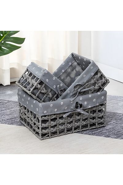 Cozy Nest Set of 3 Woven Storage Baskets Rectangular Woven Bins with Plastic Frame, Removable Fabric Lining