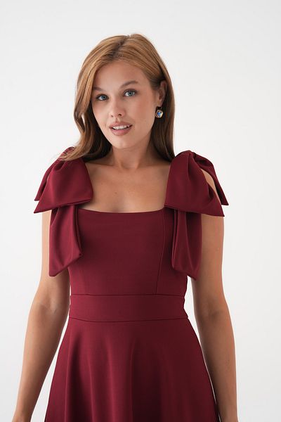lovebox Stretchy Crepe Fabric Strapless Neckline Tie-Up Strap Detail Flared Cut Midi Length Burgundy Evening Dress 77127