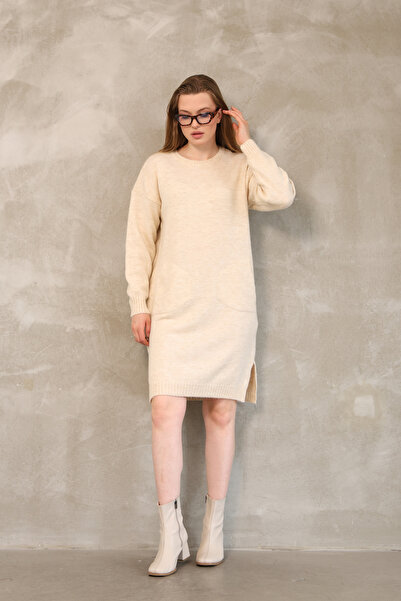 ALCHON Round Crew Neck Long Sleeve Pocket Side Slit Soft Texture Winter Knitwear Midi Length Pullover Tunic