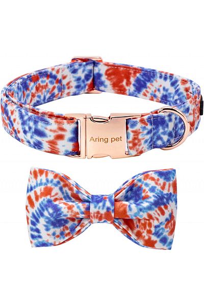 Aring Pet dog collar and bow tie set, cotton/metal, multicolor, size S