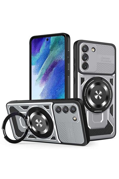 SKYDDAR INNOVATION Case for Samsung Galaxy S21 FE 5G, RuggedCam, Shockproof magnetic ring, sticker set, Gray