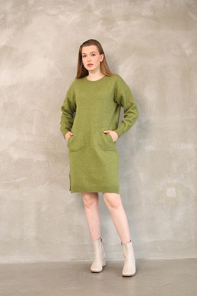ALCHON Round Crew Neck Long Sleeve Pocket Side Slit Soft Texture Winter Knitwear Midi Length Pullover Tunic