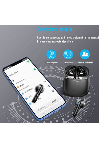 WowStep Casti wireless audio, Bluetooth 5.3, Control Atingere, Fara Fir, Sunet Hi-Fi, Microfon, 32 h, Negru