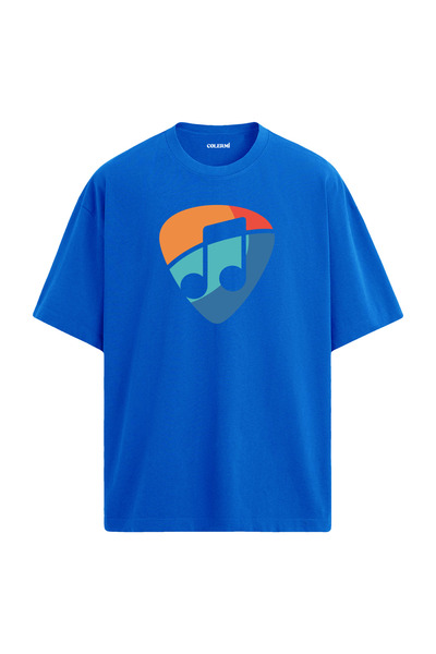 Colermi تي شيرت أزرق كبير الحجم - قماش قطني 100% مطبوع عليه نوتة موسيقية سوداء