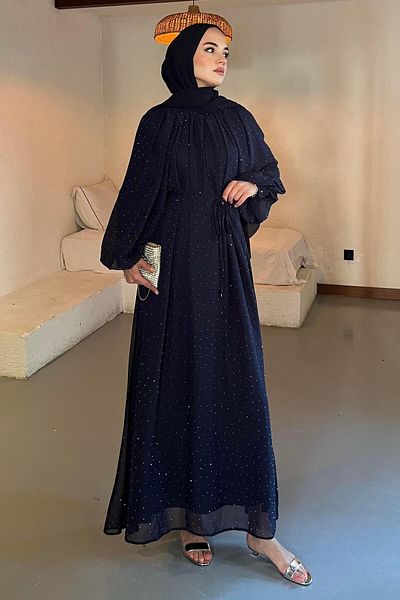 Moda Ebrar Stoned Chiffon Dress Navy Blue
