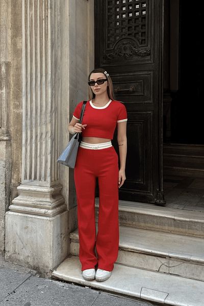 Zerenyus Pants and Piping Crop 2 Piece Set Red