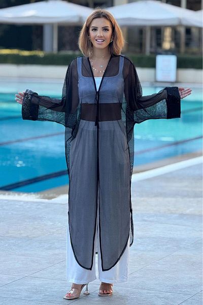 Nevin Kaya Moda Black Sequin Sequin Detailed Tulle Kimono - Pareo
