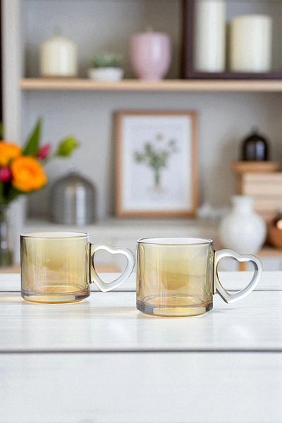 TrendDeco Amber Color Heart Handled Set of 2 Glass Cups - Lover's Cup (Thick Glass)