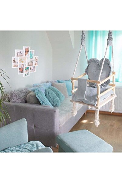 Springos Leagan pentru copii, lemn, perna inima albastru deschis, 33.4×34.5×25 cm,