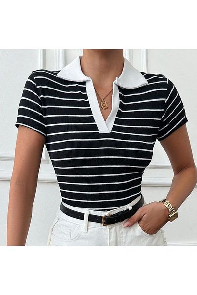 Zerenyus Polo Neck Garnished Blouse Black White