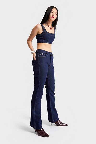 its basic Women's Navy Blue Color 19W5-33 High Waist Flare Fit Accessory Detailed Flexible Fabric Design Denim Jean