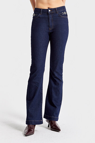 its basic Culoarea bleumarin pentru femei 19w5-33 Talie înaltă Flare Fit Accesoriu Detaliat Design din țesătură elastică Blugi din denim