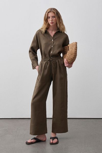 mathilda store Women's Khaki Limited Edition Linen Shirt Pants Set
