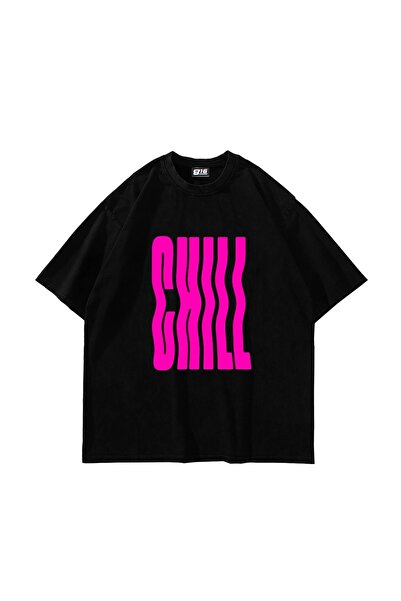 Bak Moda Tricou negru unisex oversize cu imprimeu Chill
