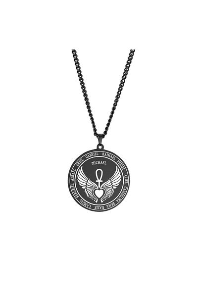 Viking Archangel Michael Necklace Men Women Salomon Wings Heart-Shaped Stainless Steel Chain Necklace
