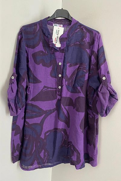 AYASOFYA OTANTIK Women's Italian Purple Colored Patterned Button Detailed Folding Orphan Sleeve 100% Cotton Blouse Tunic