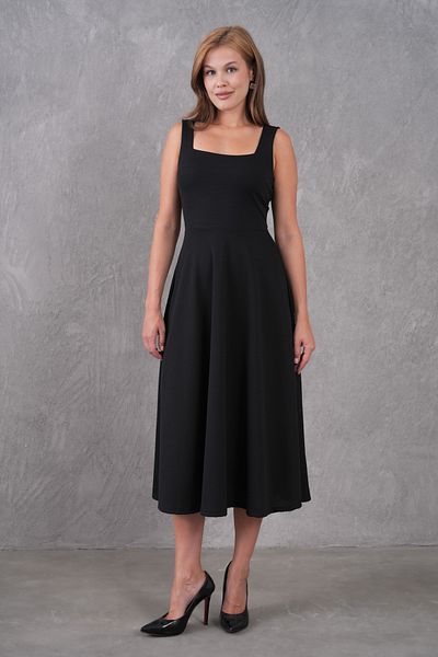 bayansepeti Women's Crepe Fabric Square Neck Thick Strap Flared Black Midi Dress 77141