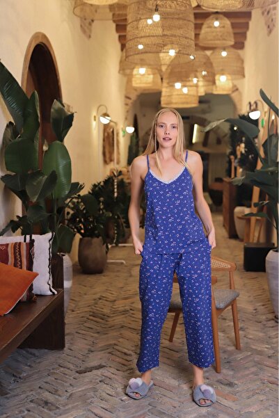 Aydoğan Women's Pajama Set with Strap Lace Detail Bermuda Floral Pattern