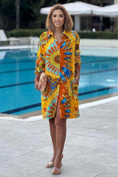 Nevin Kaya Moda Midi Boy Yellow Ethnic Patterned Shirt Dress 100% Cotton Viscose