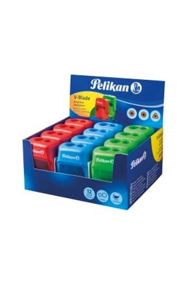 Pelikan V-blade Double Sharpener With Container, Material Plastic, Assorted Colors, 12 Pcs/box