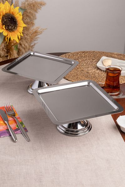 NEWTREND Züccaciye Luxury 2-Piece Square Silver Standing Cake, Pastry, Cookie, Dessert, Catering, Dowry Presentation Serving Stand