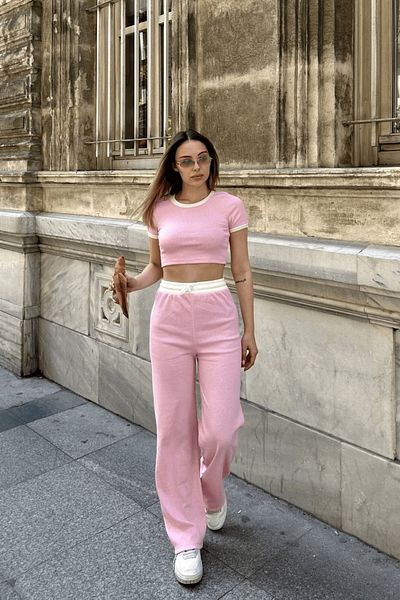 Zerenyus Pants and Piping Crop 2 Piece Set Pink