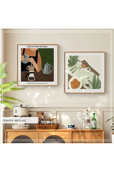 Tablomtr Set de 2 picturi decorative cu cadru metalic imprimat digital și sticlă - pauză de cafea