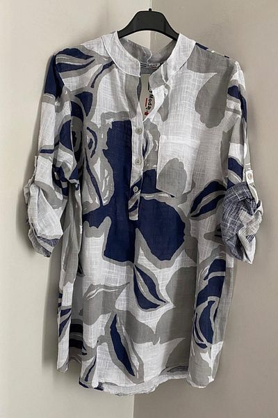 AYASOFYA OTANTIK Women's Italian White Colored Patterned Button Detailed Folding Orphan Sleeve 100% Cotton Blouse Tunic