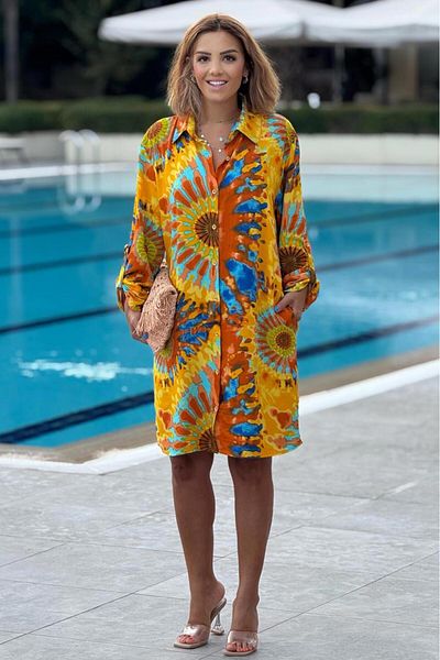 Nevin Kaya Moda Midi Boy Yellow Ethnic Patterned Shirt Dress 100% Cotton Viscose