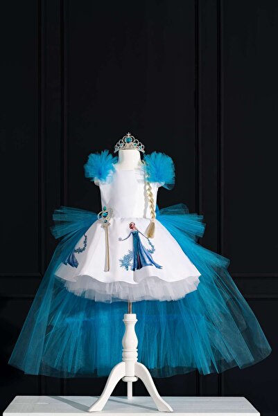 YAĞMUR KOStütüM Kız Çocuk Prenses Elsa Etek Baskılı Beyaz Doğum Günü Elbisesi...