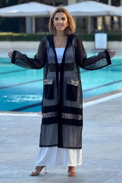 Nevin Kaya Moda Black Leopard Detailed Tuk Kimono - Pareo