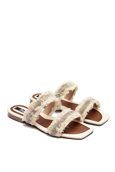 Dedos Women's Feather and Stone Detailed Open Slippers Beige 13050