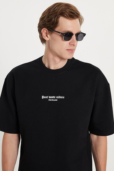 Tudors Ανδρικό μπλουζάκι Oversize Φαρδύ Βαμβακερό εμπριμέ με λαιμόκοψη μαύρο