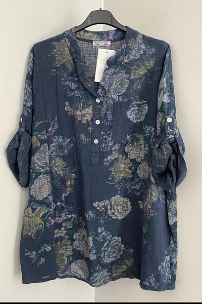 AYASOFYA OTANTIK Bluză tunică din bumbac 100% pentru femei, albastru bleumarin, cu model floral, cu detaliu de nasturi