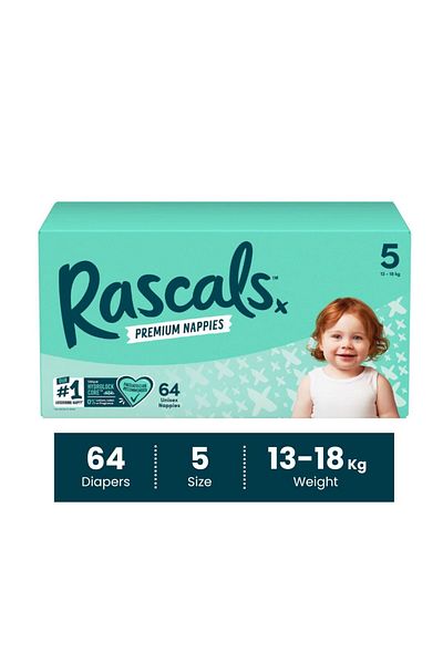Rascals Premium Baby Diapers Jumbo Box - Size 5, 13-18 kg, 64 Count