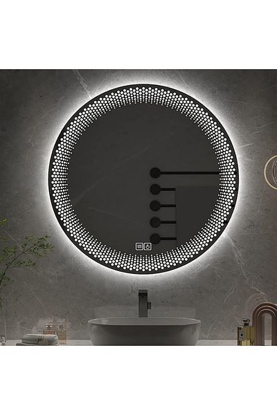 K Korman Oglindă de baie rotundă cu LED, 60 cm, sistem tactil anti-aburire, reglabilă intensitatea luminii