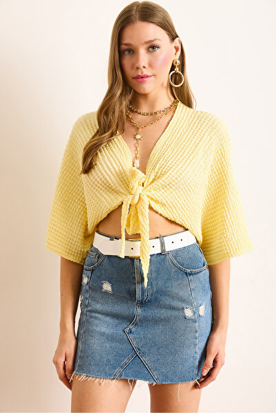 Olalook Women's Yellow Wrinkled Kimono Blouse Blz-19003068